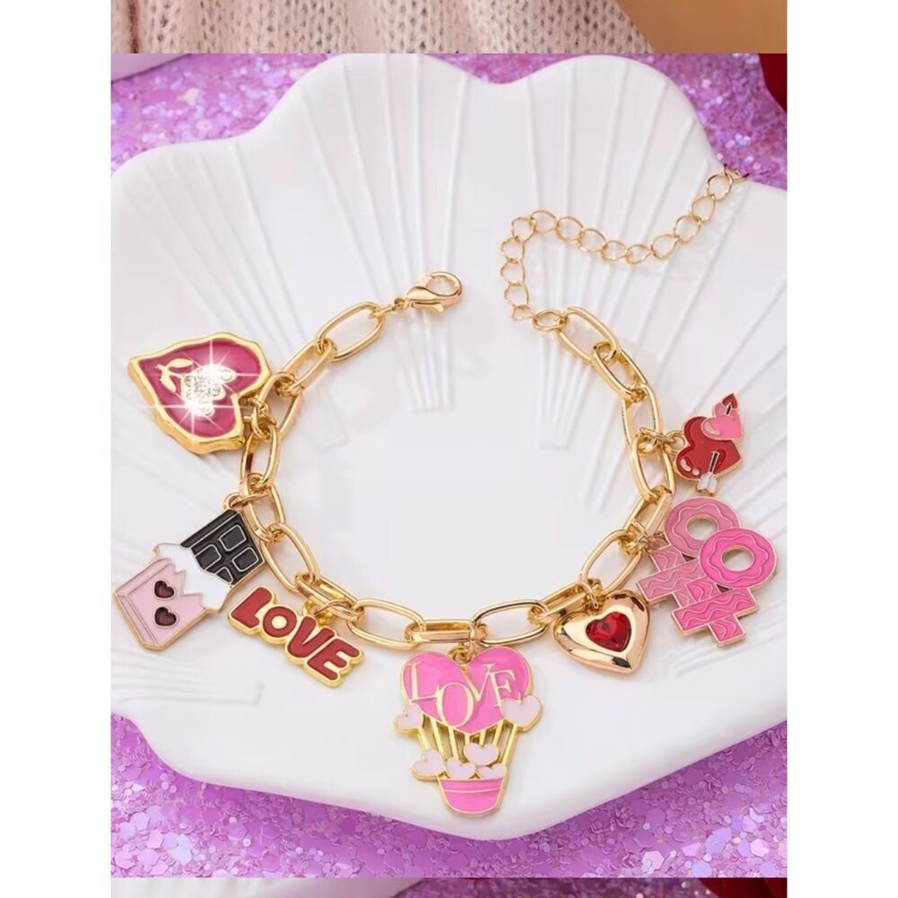 Gold Plated Love Hearts Charm Bracelet